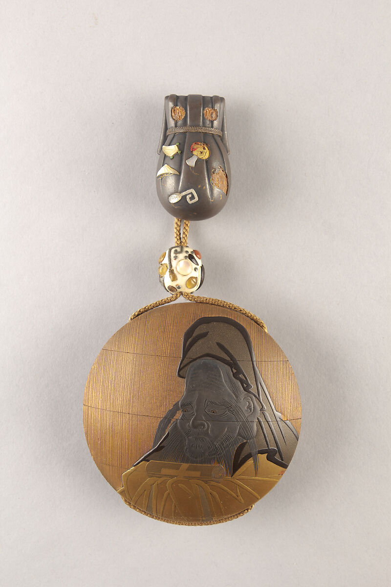 Case (Inrō) with Portrait of a Daruma (obverse); Seal and Inscription (reverse), Lacquer, polished wood ground, gold, silver, black and red hiramakie, sabiji; Interior: plain, Japan 