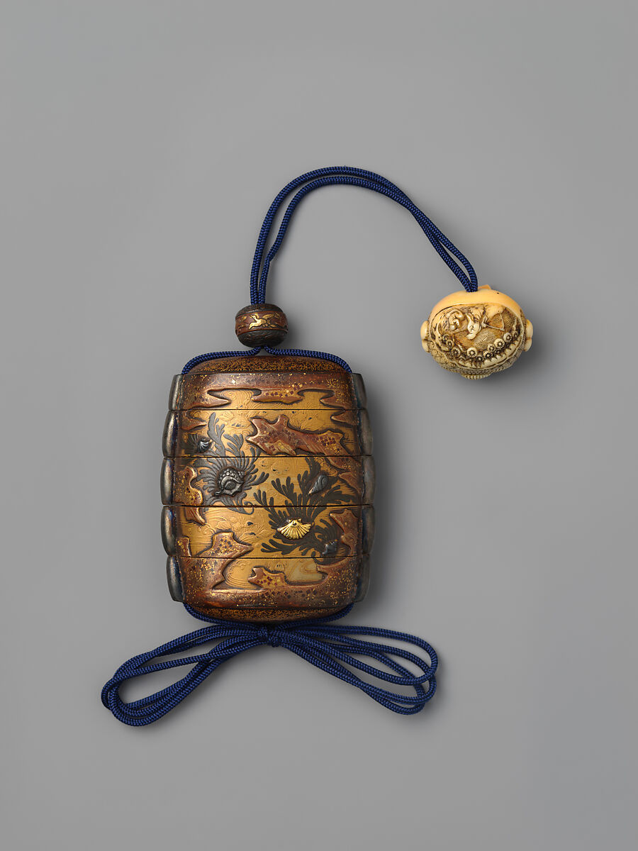 Inrō with Shells and Seaweeds amid Rocks and Waves, Inrō: four cases; lacquered wood, gold and silver takamaki-e, hiramaki-e, togidashimaki-e, cutout gold foil application, silver inlay on gold ground; metal cord runners; ojime: copper with mixed-metal inlay and gilded details; netsuke: carved ivory, Japan