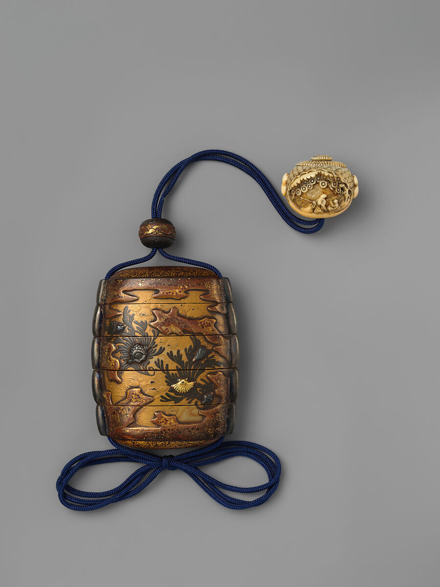 Inrō with Shells and Seaweeds amid Rocks and Waves, Inrō: four cases; lacquered wood, gold and silver takamaki-e, hiramaki-e, togidashimaki-e, cutout gold foil application, silver inlay on gold ground; metal cord runners; ojime: copper with mixed-metal inlay and gilded details; netsuke: carved ivory, Japan