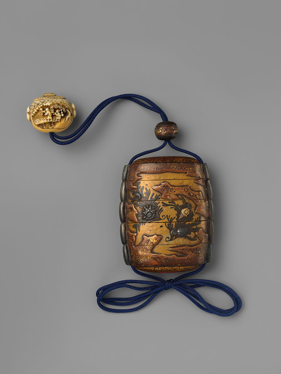 Inrō with Shells and Seaweeds amid Rocks and Waves, Inrō: four cases; lacquered wood, gold and silver takamaki-e, hiramaki-e, togidashimaki-e, cutout gold foil application, silver inlay on gold ground; metal cord runners; ojime: copper with mixed-metal inlay and gilded details; netsuke: carved ivory, Japan