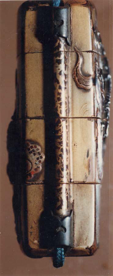 Case (Inrō) with Design of Bishamon (or Idaten) Pursuing an Onî (Demon) on Clouds, Lacquer, roiro, rubbed fundame, gold and silver  hiramakie, applied metal; Interior: nashiji and fundame, Japan