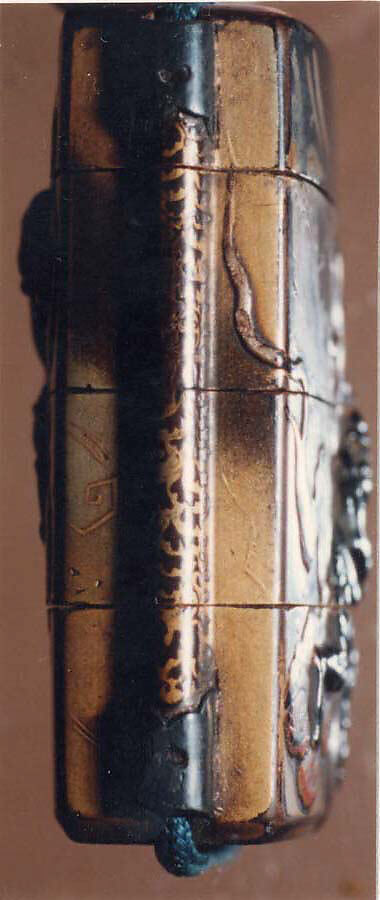 Case (Inrō) with Design of Bishamon (or Idaten) Pursuing an Onî (Demon) on Clouds, Lacquer, roiro, rubbed fundame, gold and silver  hiramakie, applied metal; Interior: nashiji and fundame, Japan