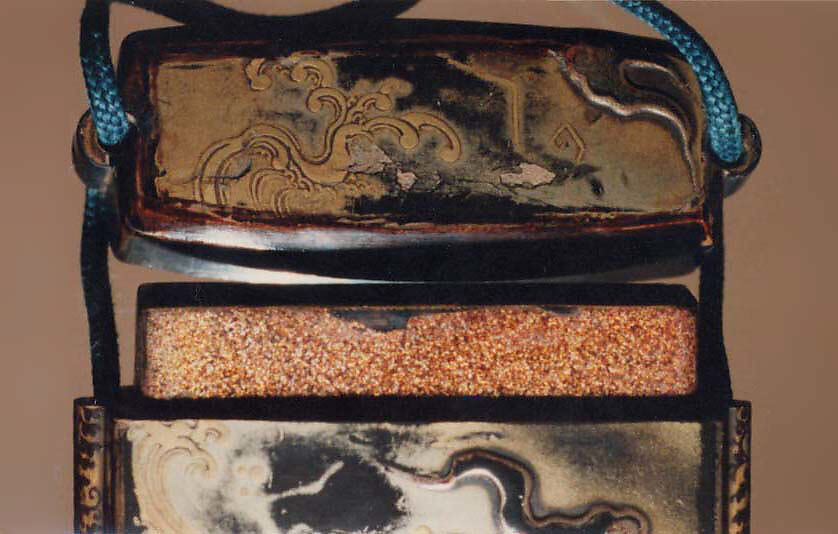 Case (Inrō) with Design of Bishamon (or Idaten) Pursuing an Onî (Demon) on Clouds, Lacquer, roiro, rubbed fundame, gold and silver  hiramakie, applied metal; Interior: nashiji and fundame, Japan