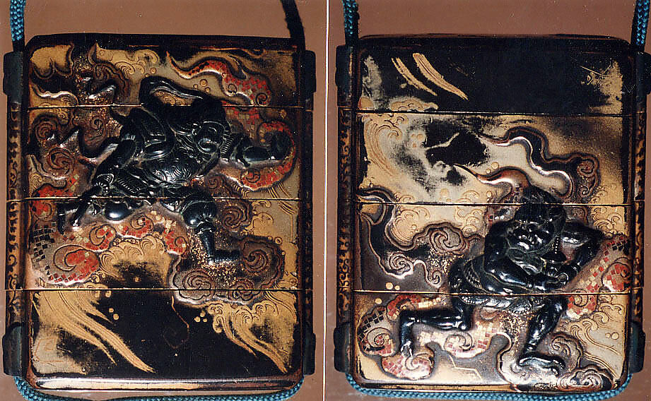 Case (Inrō) with Design of Bishamon (or Idaten) Pursuing an Onî (Demon) on Clouds, Lacquer, roiro, rubbed fundame, gold and silver  hiramakie, applied metal; Interior: nashiji and fundame, Japan 