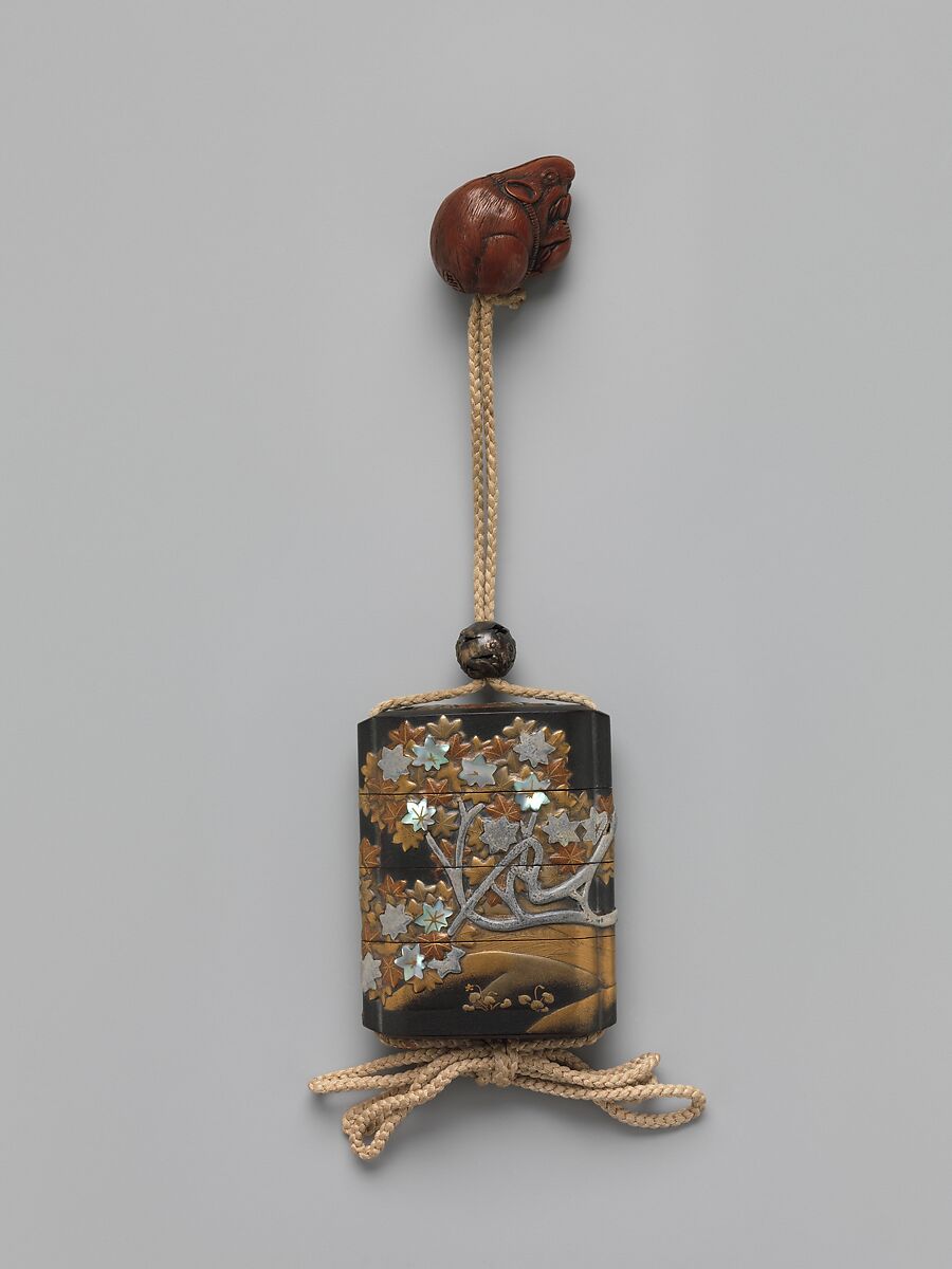 Case (Inrō) with Design of Maple Tree and Stream, In the style of Ogata Kōrin (Japanese, 1658–1716), Gold lacquer with dark gray ishime, gold, red, black, and silver makie, pewter, and mother-of-pearl; Ojime: bead with autumn wild flowers; Netsuke: rat eating peach; boxwood, Japan 