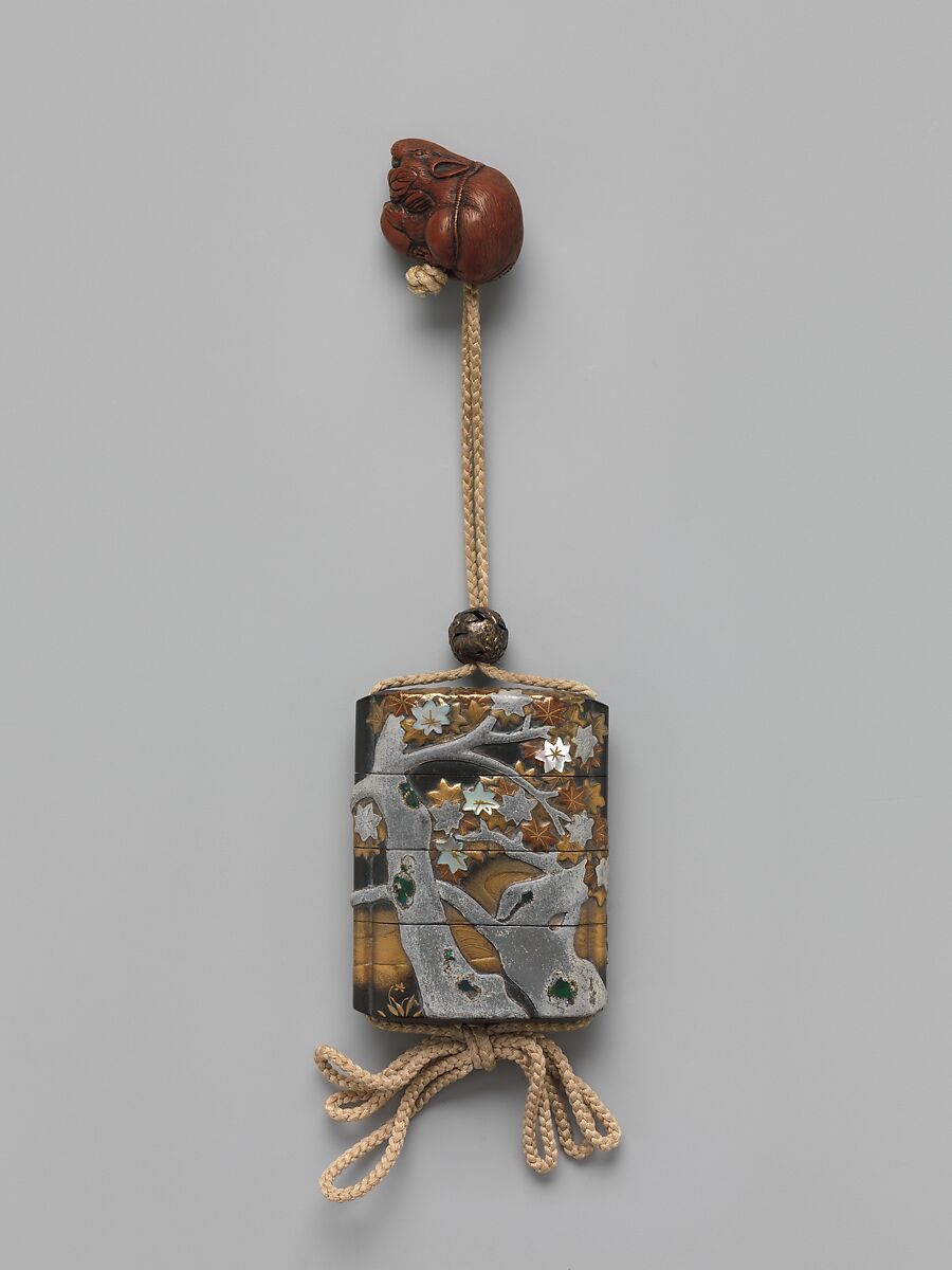 Case (Inrō) with Design of Maple Tree and Stream, In the style of Ogata Kōrin (Japanese, 1658–1716), Gold lacquer with dark gray ishime, gold, red, black, and silver makie, pewter, and mother-of-pearl; Ojime: bead with autumn wild flowers; Netsuke: rat eating peach; boxwood, Japan