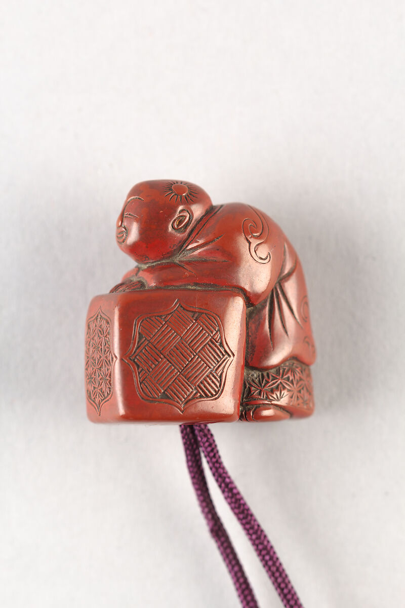 Inrō with Butterflies and Pampas Grass, Inrō: three cases; lacquered wood with cherry bark, gold and silver hiramaki-e, gold and silver foil application; ojime: semiprecious stone bead; netsuke: Chinese boy (karako) with covered brazier; carved wood with red lacquer, Japan