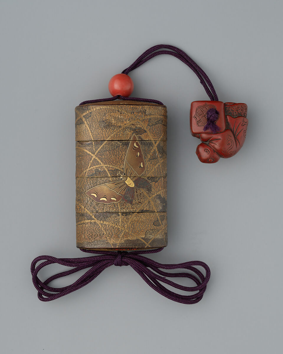 Case (Inrō) with Design of Butterflies and Eulalias, Lacquer, cherry bark, gold, red, black and brown hiramakie, takamakie; Interior: plain and fundame, Japan 