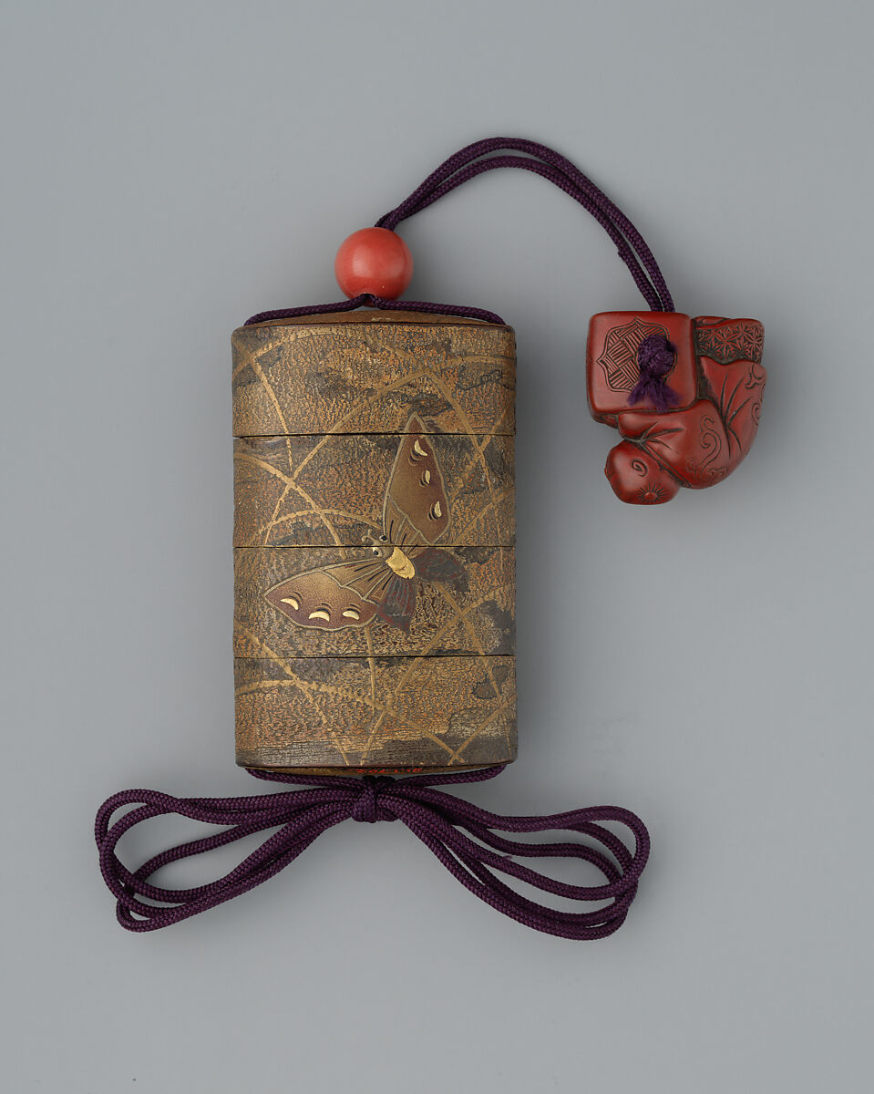 Inrō with Butterflies and Pampas Grass, Inrō: three cases; lacquered wood with cherry bark, gold and silver hiramaki-e, gold and silver foil application; ojime: semiprecious stone bead; netsuke: Chinese boy (karako) with covered brazier; carved wood with red lacquer, Japan 