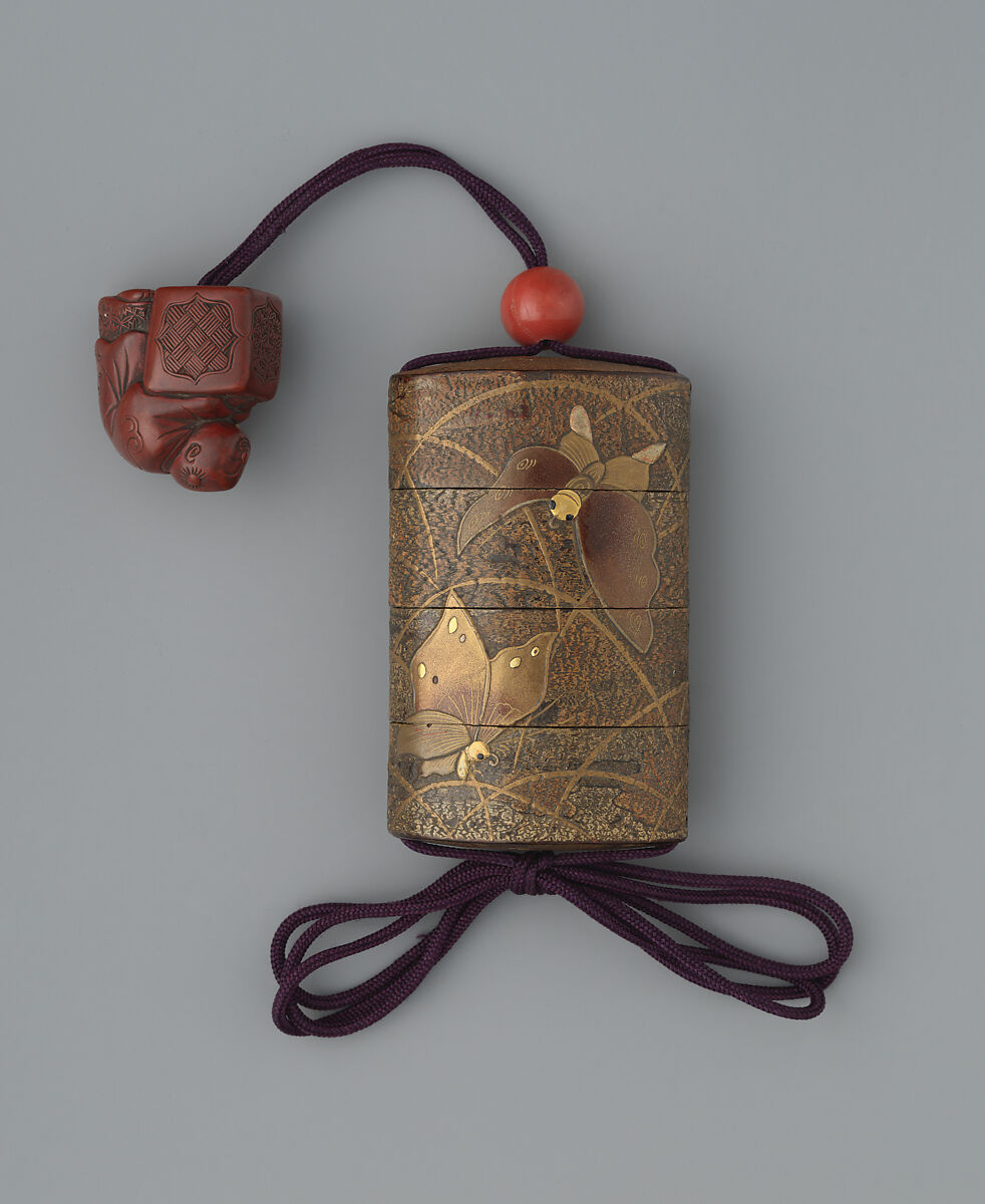 Inrō with Butterflies and Pampas Grass, Inrō: three cases; lacquered wood with cherry bark, gold and silver hiramaki-e, gold and silver foil application; ojime: semiprecious stone bead; netsuke: Chinese boy (karako) with covered brazier; carved wood with red lacquer, Japan