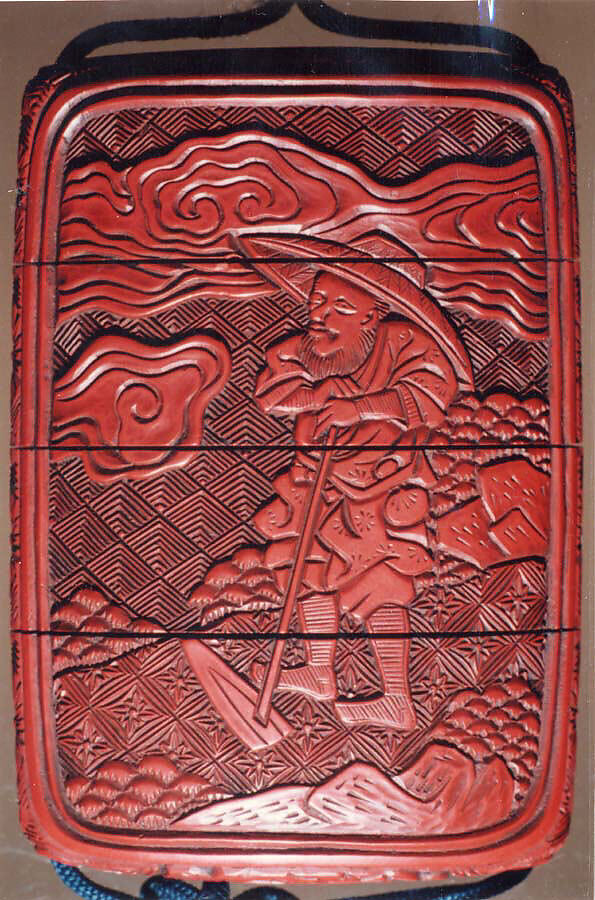 Case (Inrō) with Design of Elephant on Brocade Pattern (obverse); Person with Wide Hat and Hoe (reverse), Lacquer, carved tsuishu; Interior: roiro, Japan