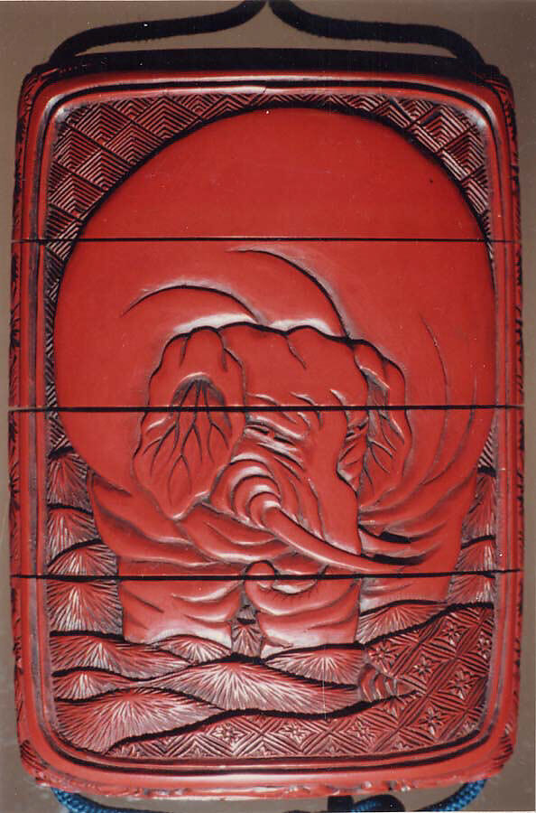 Case (Inrō) with Design of Elephant on Brocade Pattern (obverse); Person with Wide Hat and Hoe (reverse), Lacquer, carved tsuishu; Interior: roiro, Japan