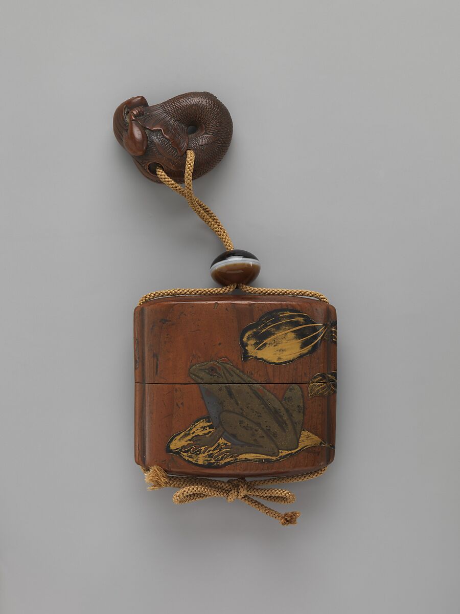 Case (Inrō) with Design of Frogs, Case: powdered gold (maki-e) and colored lacquer on black lacquer; Fastener (ojime): stone; Toggle (netsuke): wood carved in the shape of a mermaid, Japan