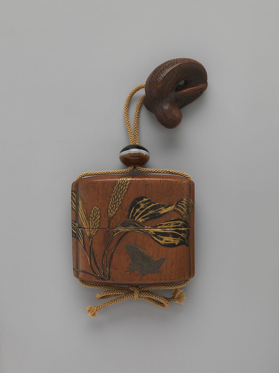 Case (Inrō) with Design of Frogs, Case: powdered gold (maki-e) and colored lacquer on black lacquer; Fastener (ojime): stone; Toggle (netsuke): wood carved in the shape of a mermaid, Japan 