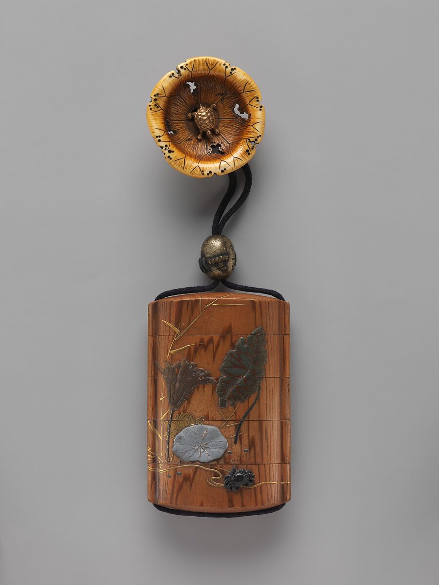 Inrō with Lotus and Crab (obverse); Lotus and Tadpole (reverse), Inrō: four cases; wood with gold and silver takamaki-e, hiramaki-e, lead, mixed-metal inlay; ojime: tadpoles in a stream; copper alloy with mixed-metal inlays; netsuke: turtle in a lotus leaf; carved ivory with gilded copper, Japan