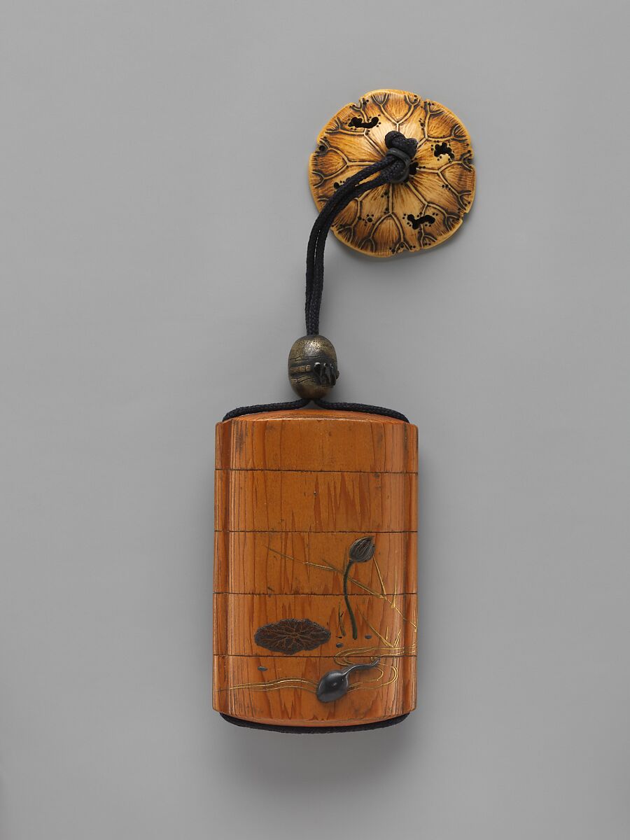 Inrō with Lotus and Crab (obverse); Lotus and Tadpole (reverse), Inrō: four cases; wood with gold and silver takamaki-e, hiramaki-e, lead, mixed-metal inlay; ojime: tadpoles in a stream; copper alloy with mixed-metal inlays; netsuke: turtle in a lotus leaf; carved ivory with gilded copper, Japan