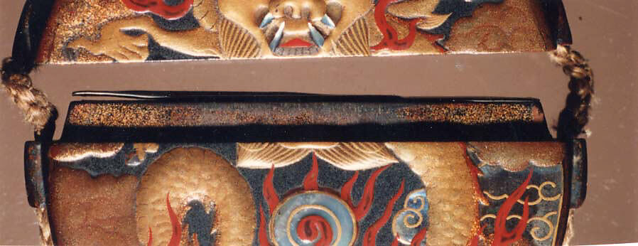 Case (Inrō) with Design of  Flaming Dragon with Clouds, Lacquer, roiro, gold, silver and red hiramakie, takamakie, raden, aogai; Interior: nashiji, divided, silver metal tray, Japan