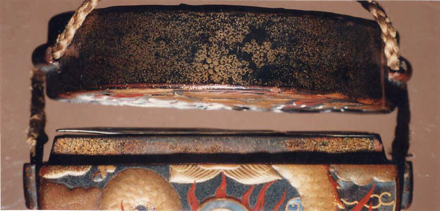 Case (Inrō) with Design of  Flaming Dragon with Clouds, Lacquer, roiro, gold, silver and red hiramakie, takamakie, raden, aogai; Interior: nashiji, divided, silver metal tray, Japan