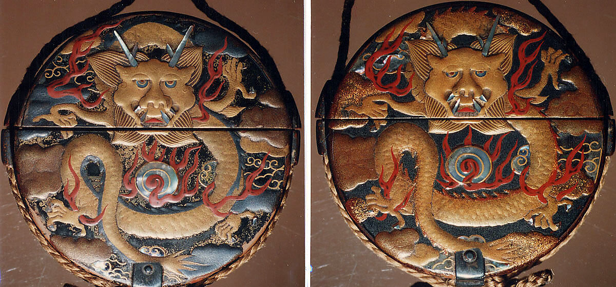 Case (Inrō) with Design of  Flaming Dragon with Clouds, Lacquer, roiro, gold, silver and red hiramakie, takamakie, raden, aogai; Interior: nashiji, divided, silver metal tray, Japan 