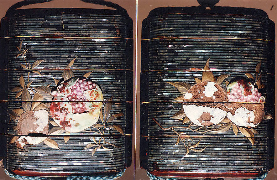 Case (Inrō) with Design of  Pomegranate Branches and Fruits, Lacquer covered with horizontal aogai strips, ceramic inlay, gold hiramakie; Interior: roiro and fundame, Japan 