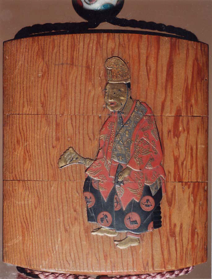 Case (Inrō) with Design of Noh Dancer with Okina Mask (obverse); Noh Dancer with Fan (reverse), Light brown wood, gold and colored takamakie, aogai; Interior: plain, Japan