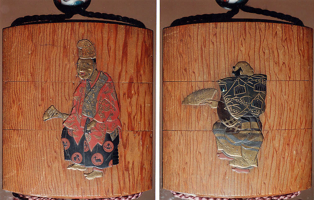 Case (Inrō) with Design of Noh Dancer with Okina Mask (obverse); Noh Dancer with Fan (reverse), Light brown wood, gold and colored takamakie, aogai; Interior: plain, Japan 