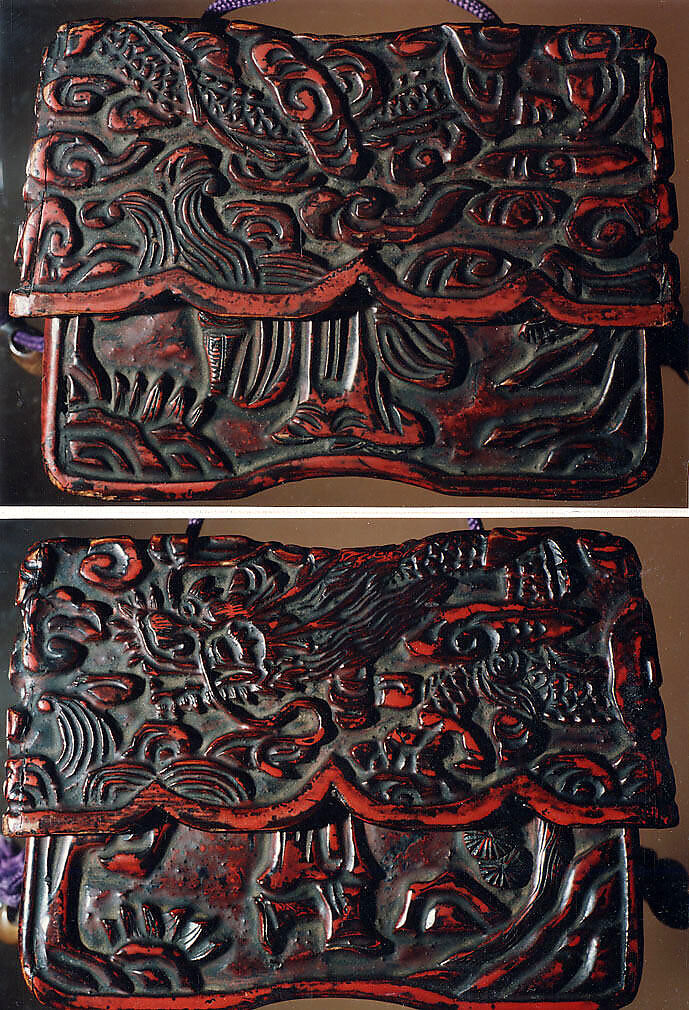 Case (Inrō) with Design of Chinese Sages in Mountain Landscape, Lacquer, kamakura-bori, carved wood, red and black lacquer; Interior: roiro, Japan 