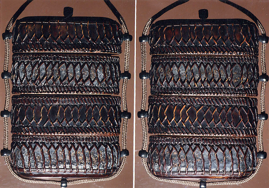 Tortoiseshell and Basketry Inrō, Three cases; tortoiseshell under plaited bamboo or rattan covered with lacquer (urushi) Netsuke: manju type, imitating basketry; stained ivory Ojime: flower; bronze, Japan 