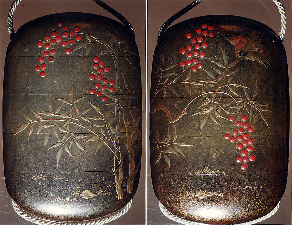 Case (Inrō) with Design of Sparrow in Flight above Manten Plants with Red Berries, Lacquer, kinji, nashiji, gold and colored hiramakie, takamakie and red lacquer; Interior: nashiji and fundame, Japan 