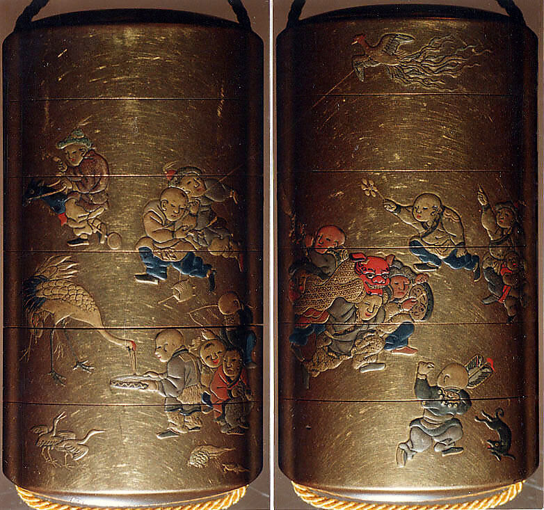 Case (Inrō) with Design of Chinese Children at Play, Lacquer, kinji, gold and colored hiramakie and takamakie; Interior: nashiji and fundame, Japan 