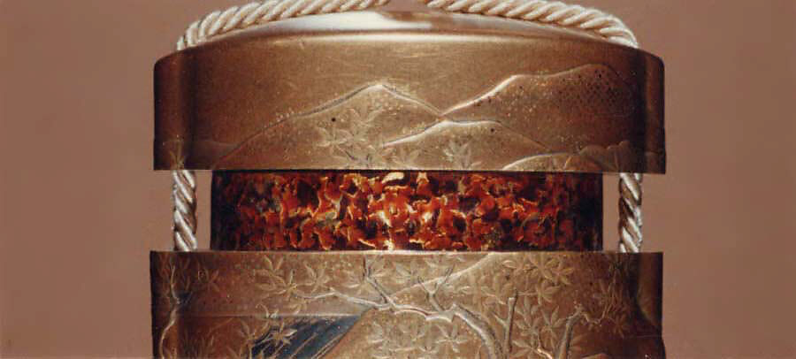 Case (Inrō) with Design of River in Spring with Flowering Cherry Trees (obverse); River in Autumn with Maple Leaves (reverse), Lacquer, kinji, nashiji, silver and black hiramakie, takamakie; Interior: nashiji and fundame, Japan