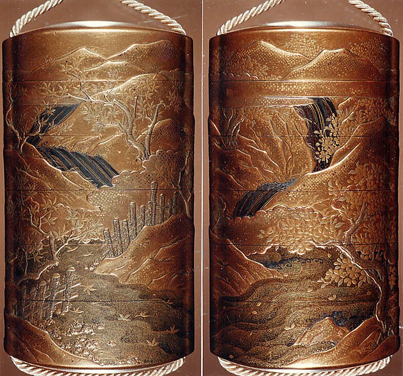 Case (Inrō) with Design of River in Spring with Flowering Cherry Trees (obverse); River in Autumn with Maple Leaves (reverse), Lacquer, kinji, nashiji, silver and black hiramakie, takamakie; Interior: nashiji and fundame, Japan