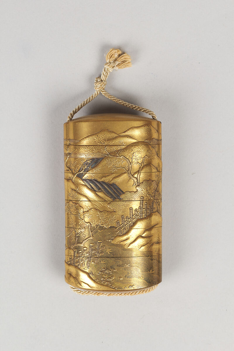 Case (Inrō) with Design of River in Spring with Flowering Cherry Trees (obverse); River in Autumn with Maple Leaves (reverse), Lacquer, kinji, nashiji, silver and black hiramakie, takamakie; Interior: nashiji and fundame, Japan 