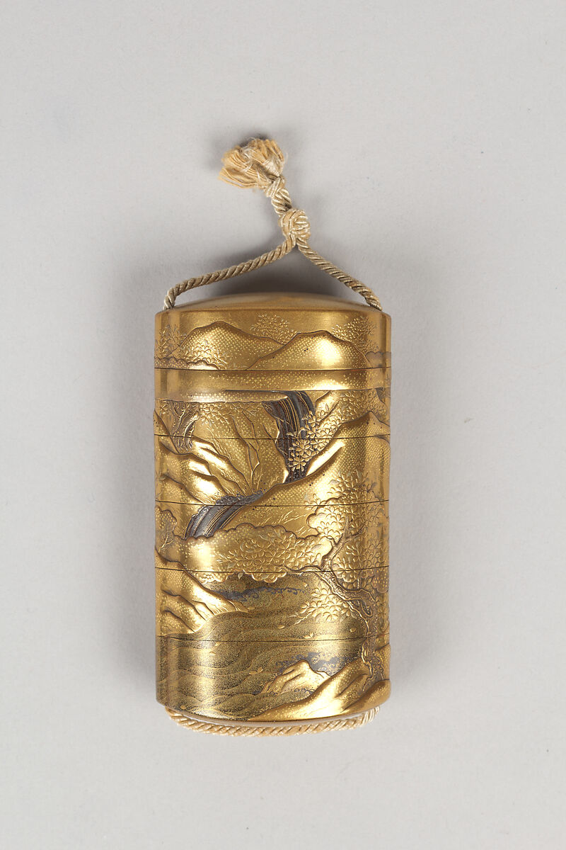 Case (Inrō) with Design of River in Spring with Flowering Cherry Trees (obverse); River in Autumn with Maple Leaves (reverse), Lacquer, kinji, nashiji, silver and black hiramakie, takamakie; Interior: nashiji and fundame, Japan