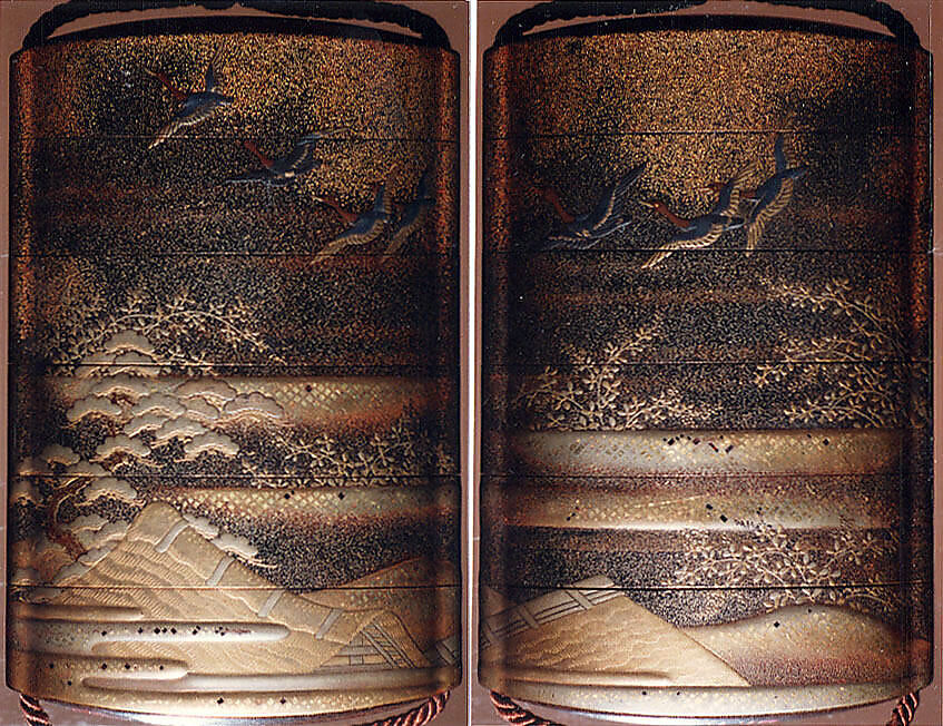 Case (Inrō) with Design of Geese in Flight above Thatched Roofs and Pines, Lacquer, nashiji, gold, silver and brown hiramakie, nashiji and kirigane; Interior: nashiji and fundame, Japan 