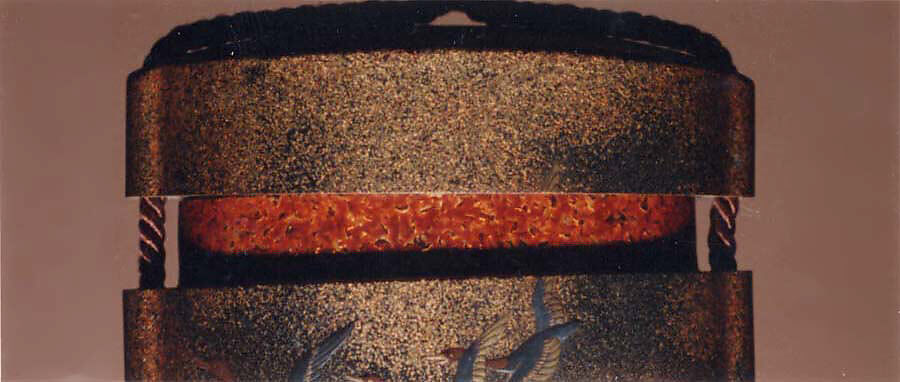 Case (Inrō) with Design of Flowering Peach Branches with Trees and Clouds, Lacquer, nashiji, fundame, gold, silver and blue togidashi, hiramakie and raden; Interior: nashiji and fundame, Japan