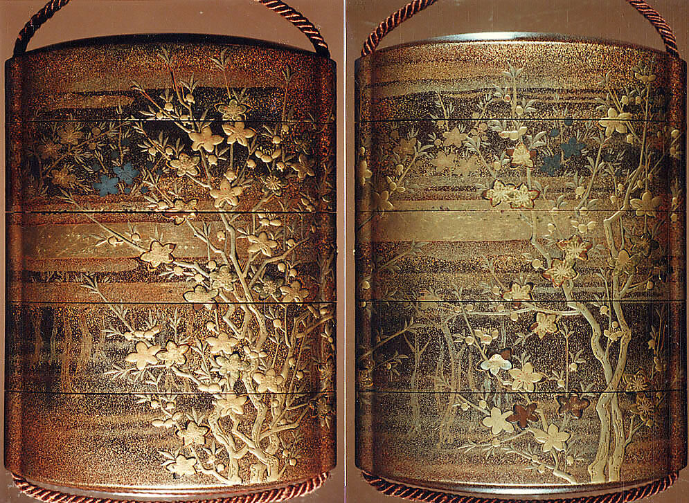 Case (Inrō) with Design of Flowering Peach Branches with Trees and Clouds, Lacquer, nashiji, fundame, gold, silver and blue togidashi, hiramakie and raden; Interior: nashiji and fundame, Japan 