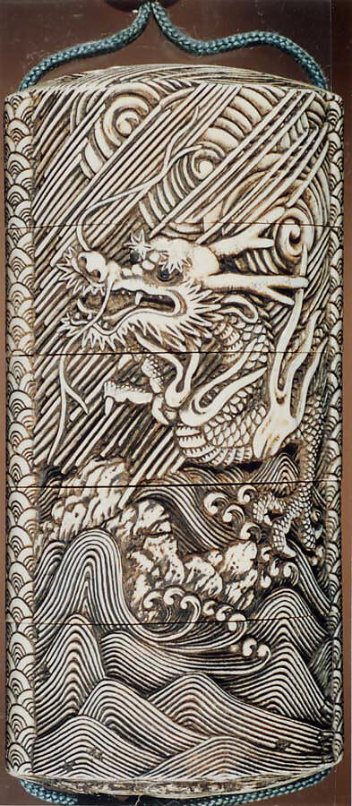 Case (Inrō) with Design of Three-Clawed Dragon in Rain and Swirling Clouds, Lacquer, ivory, carved relief, stained; Interior: plain, Japan