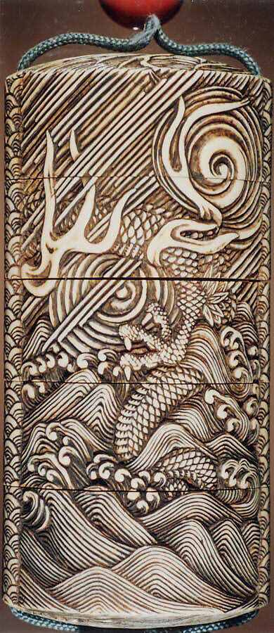 Case (Inrō) with Design of Three-Clawed Dragon in Rain and Swirling Clouds, Lacquer, ivory, carved relief, stained; Interior: plain, Japan