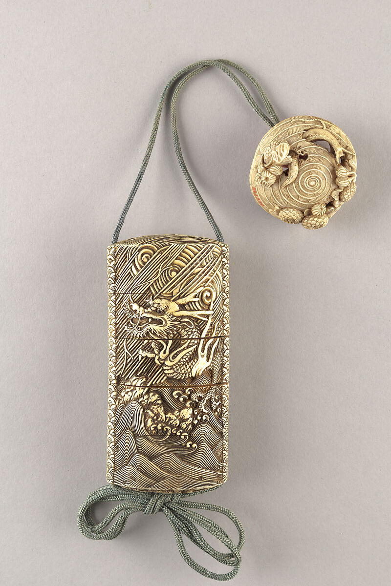 Case (Inrō) with Design of Three-Clawed Dragon in Rain and Swirling Clouds, Lacquer, ivory, carved relief, stained; Interior: plain, Japan 