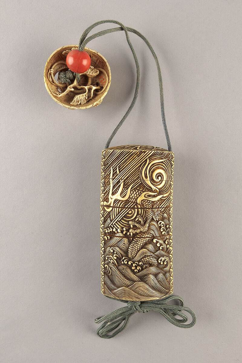 Case (Inrō) with Design of Three-Clawed Dragon in Rain and Swirling Clouds, Lacquer, ivory, carved relief, stained; Interior: plain, Japan