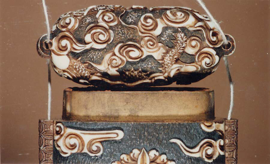 Case (Inrō) with Design of Dragon among Clouds and Waves, Lacquer, ivory, carved relief, incised, stained silver blue; Interior: roiro, Japan