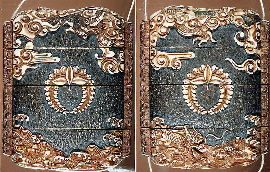 Case (Inrō) with Design of Dragon among Clouds and Waves, Lacquer, ivory, carved relief, incised, stained silver blue; Interior: roiro, Japan