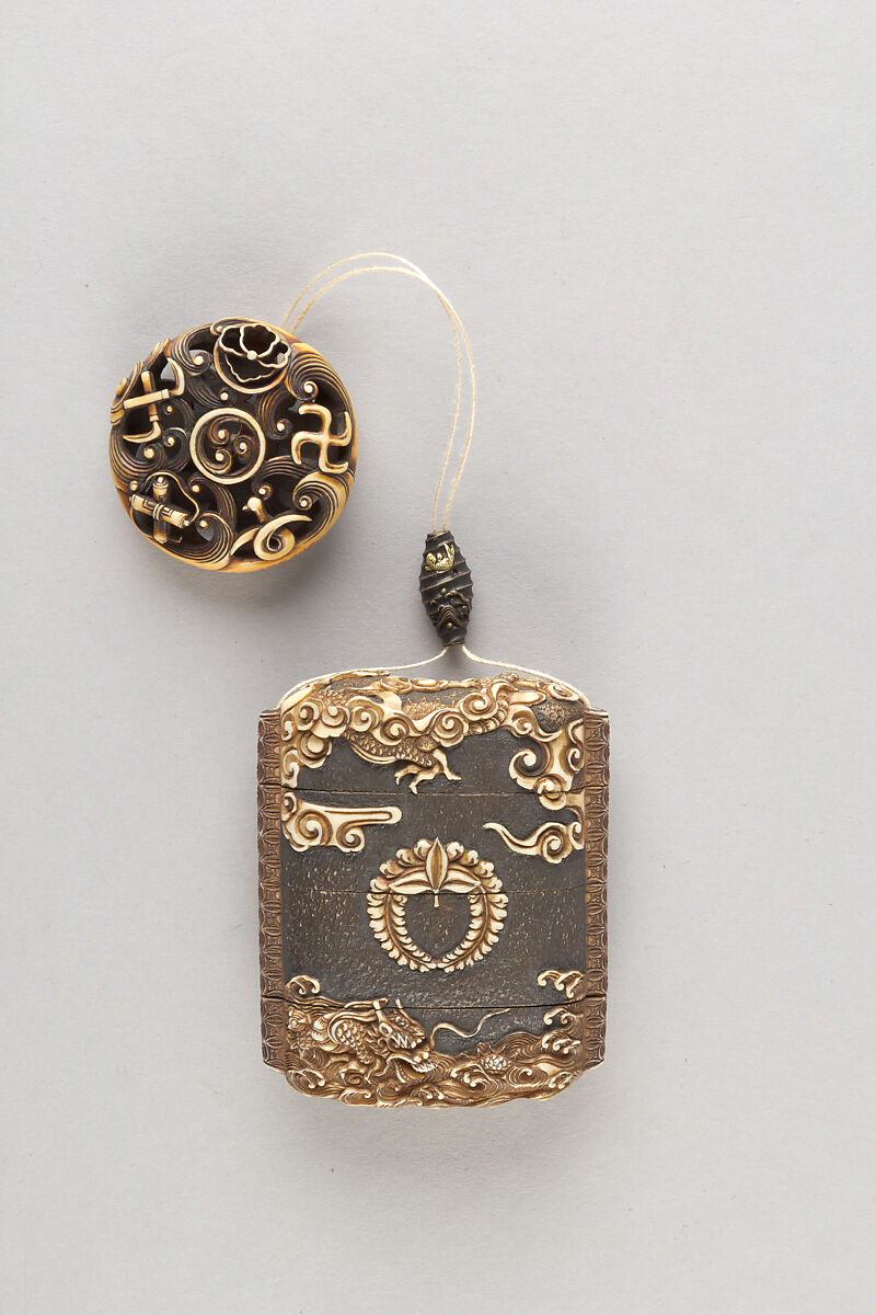 Case (Inrō) with Design of Dragon among Clouds and Waves, Lacquer, ivory, carved relief, incised, stained silver blue; Interior: roiro, Japan
