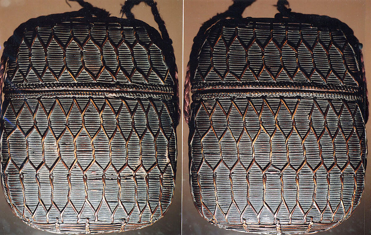 Basketry Inrō, Single case; plaited bamboo and rattan covered with lacquer (urushi) Netsuke: masks; wood, Japan