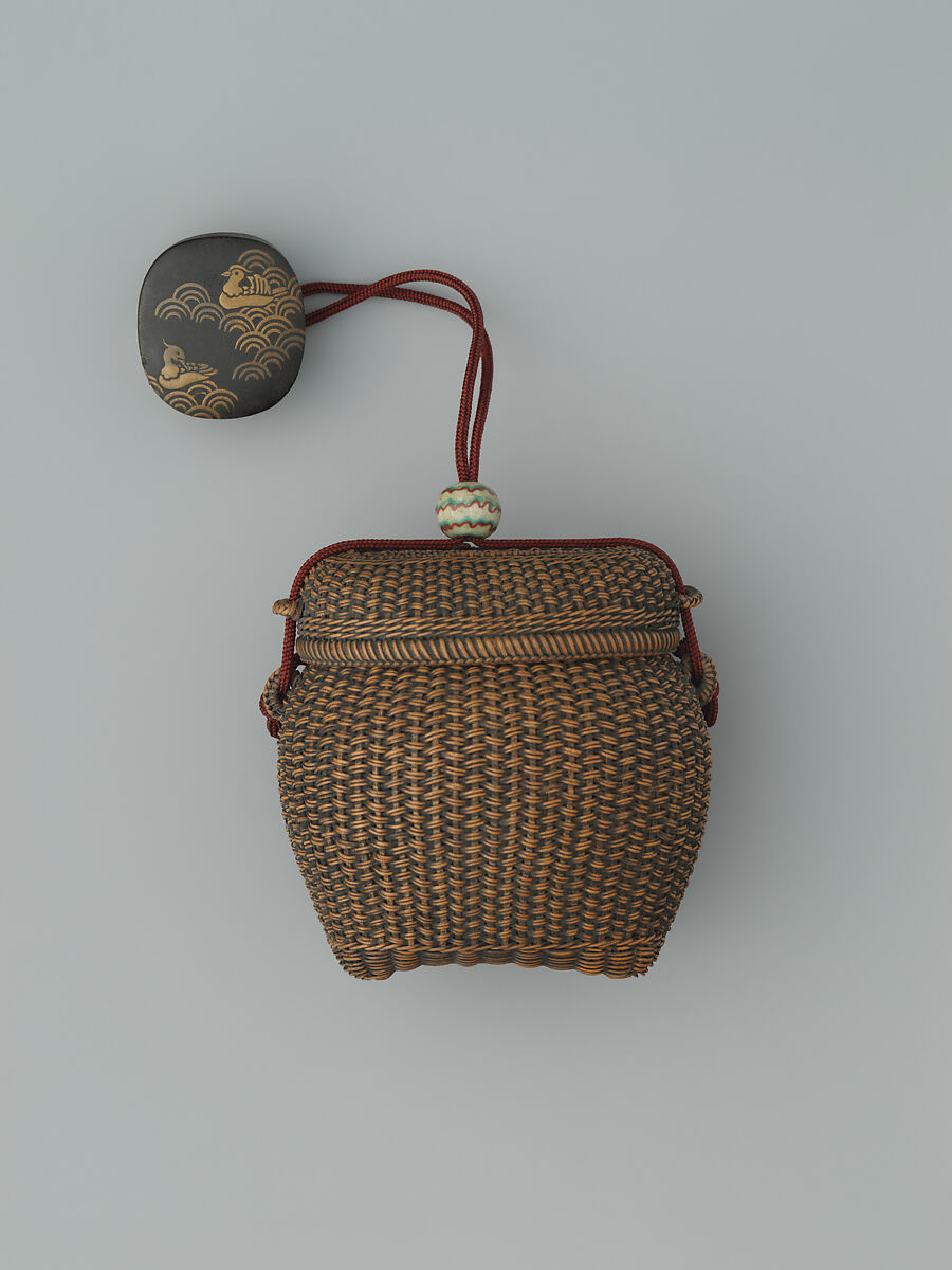 Basketry Inrō, Inrō: single case; bamboo, rattan; ojime: marbled ceramic bead; netsuke: lacquer box with mandarin ducks; lacquered wood with gold and silver hiramaki-e, Japan 