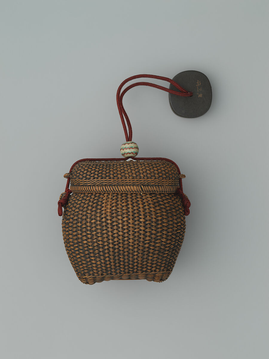Basketry Inrō, Inrō: single case; bamboo, rattan; ojime: marbled ceramic bead; netsuke: lacquer box with mandarin ducks; lacquered wood with gold and silver hiramaki-e, Japan