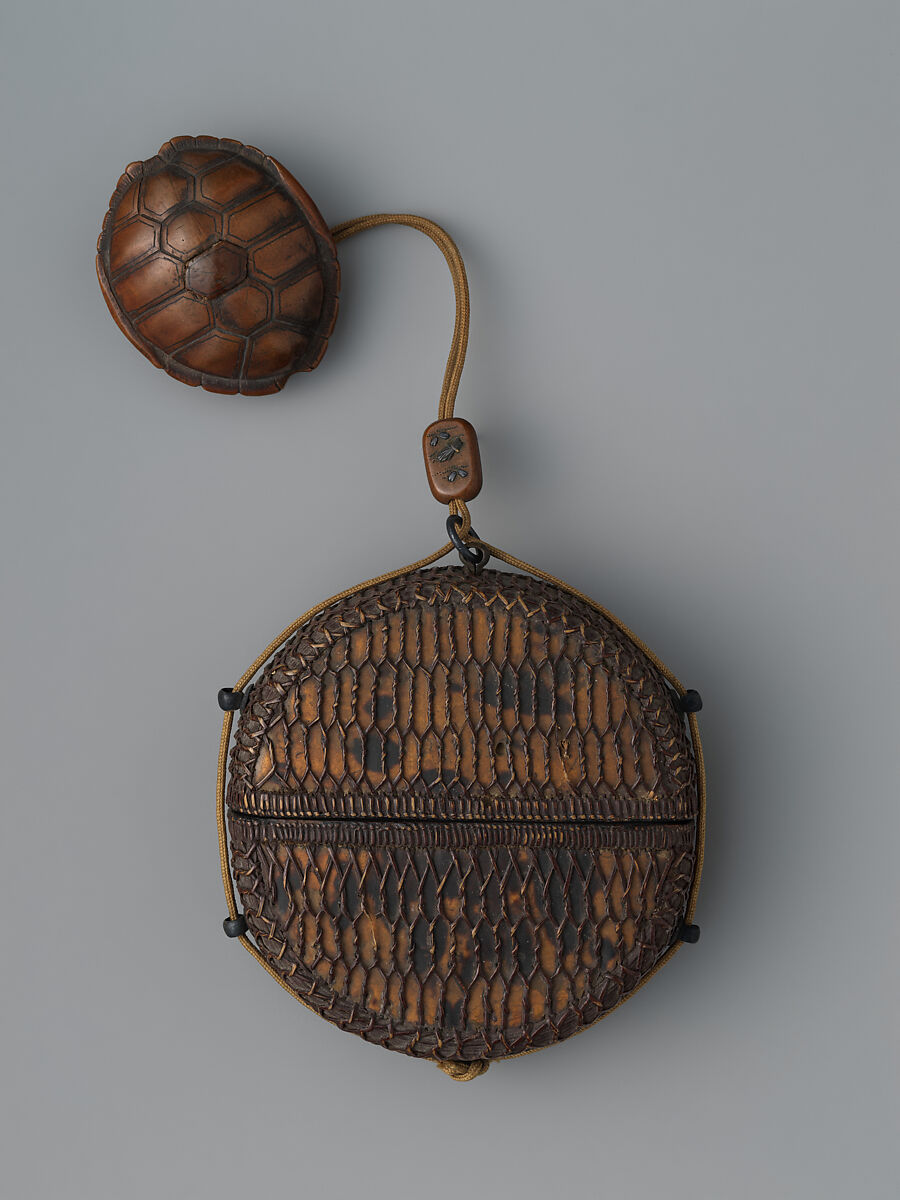 Tortoiseshell and Basketry Inrō, Inrō: single case; tortoiseshell under rattan “net” covered with lacquer (urushi); ojime: flower petals, brushwood; patinated copper with mixed-metal inlays; netsuke: turtle; carved wood, Japan