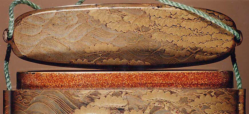 Case (Inrō) with Design of Samurai Kneeling on Bridge among Pines and Waves, Lacquer, nashiji, silver, red, black and gold hiramakie, takamakie and gold foil; Interior: nashiji and fundame, Japan