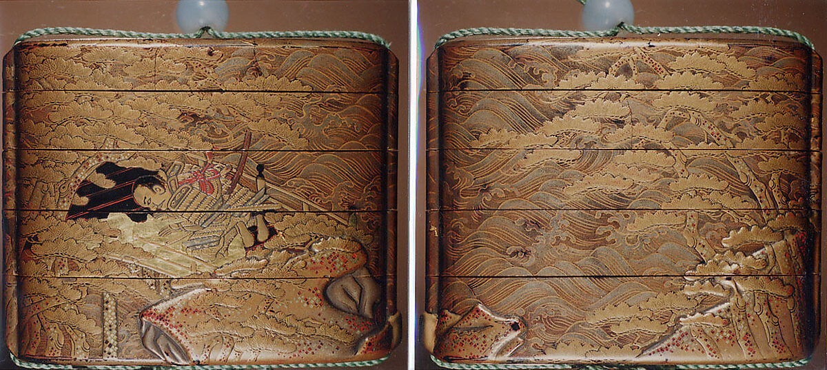Case (Inrō) with Design of Samurai Kneeling on Bridge among Pines and Waves, Lacquer, nashiji, silver, red, black and gold hiramakie, takamakie and gold foil; Interior: nashiji and fundame, Japan